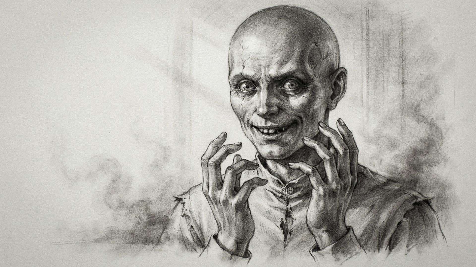 Illustration showing the main elements of scary drawings, including creepy facial expressions, dramatic shadows, distorted proportions, realistic textures, and a dark atmospheric background.