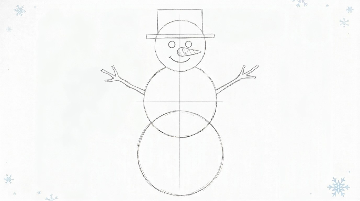 Snowman with stick arms extending from both sides