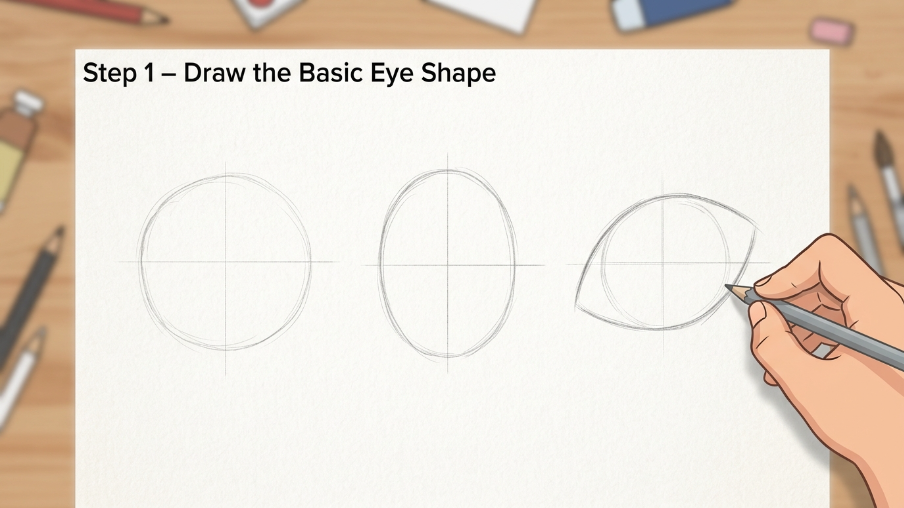 Three types of eyes shapes for drawing a realistic eye. The shapes are circle, oval and almond shaped.