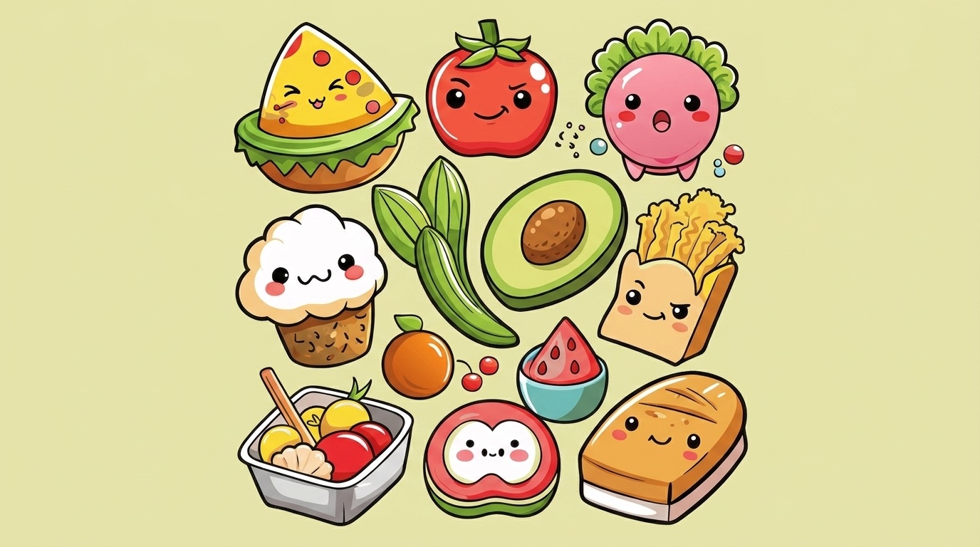 cartoon-style food drawings.