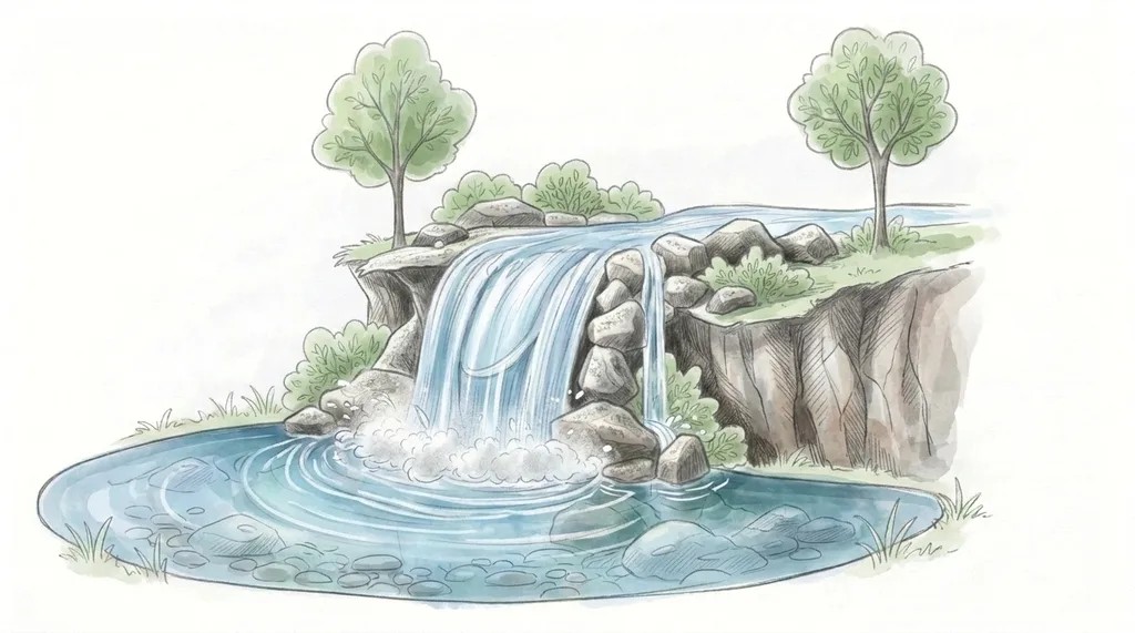Finished waterfall illustration with full shading, highlights, and natural scenery.