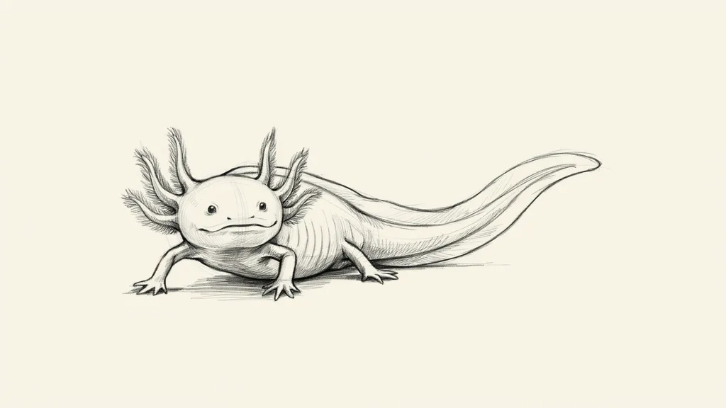 Curved axolotl tail drawn as part of the sketch.