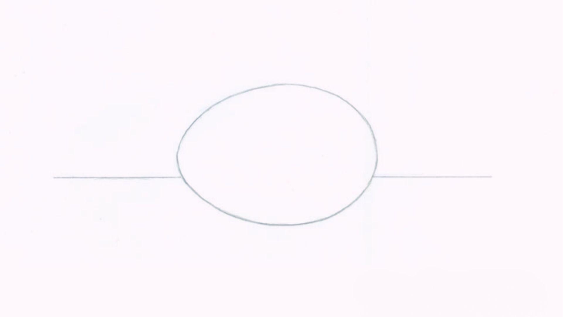 Minimal pencil outline of sideways egg centered on horizontal line, plain white background