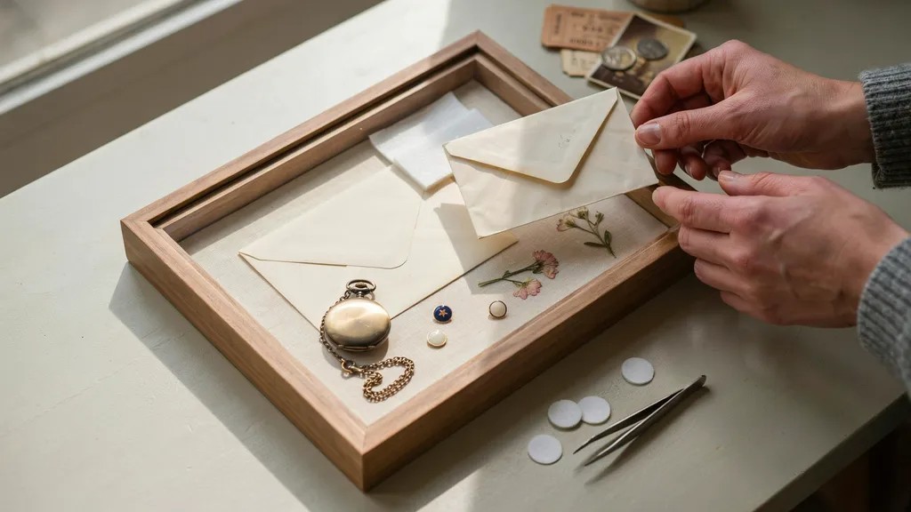Layering and securing objects inside a shadow box frame.