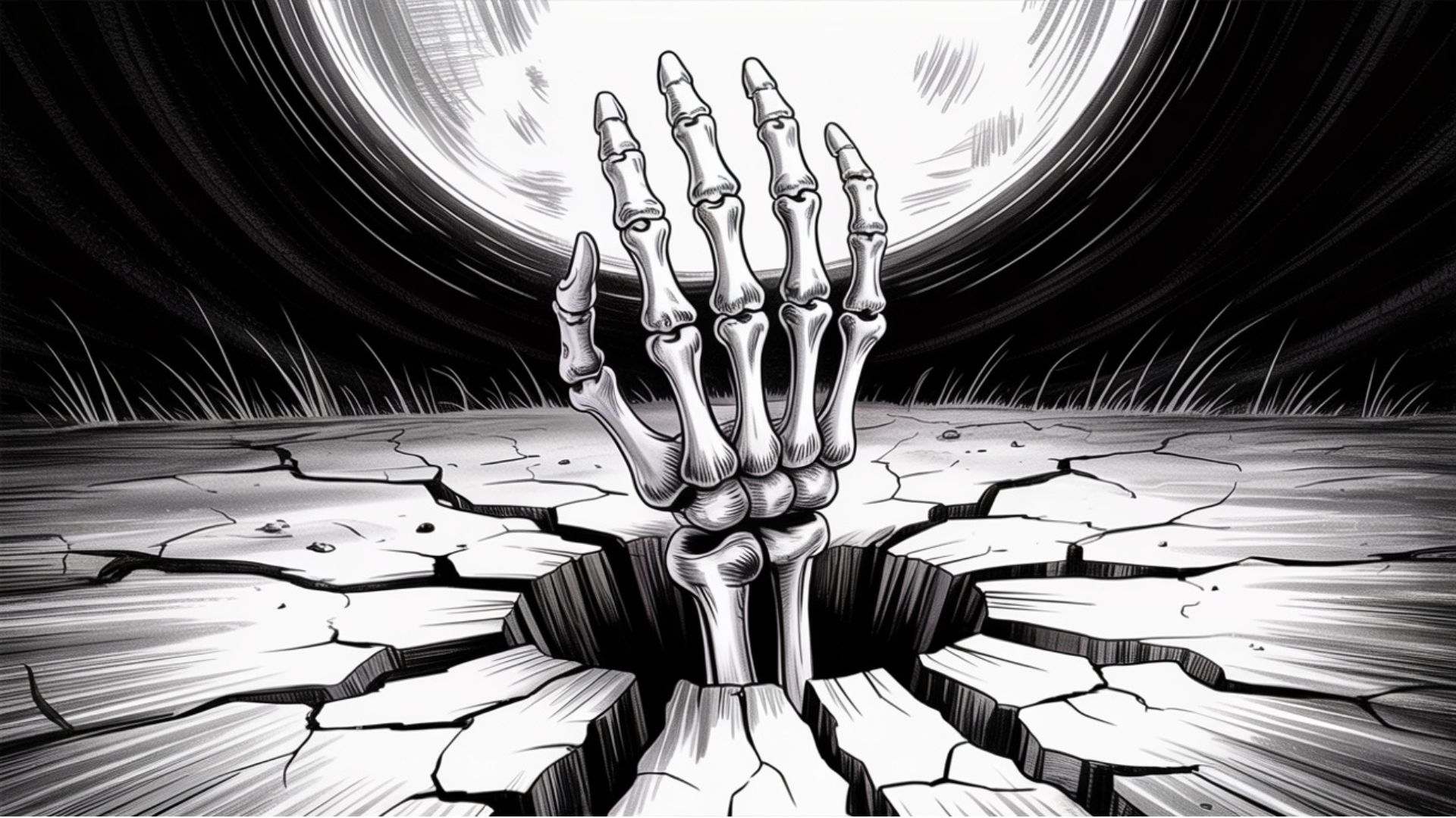 Skeleton hand emerging from cracked ground with detailed bones and dramatic shadows.