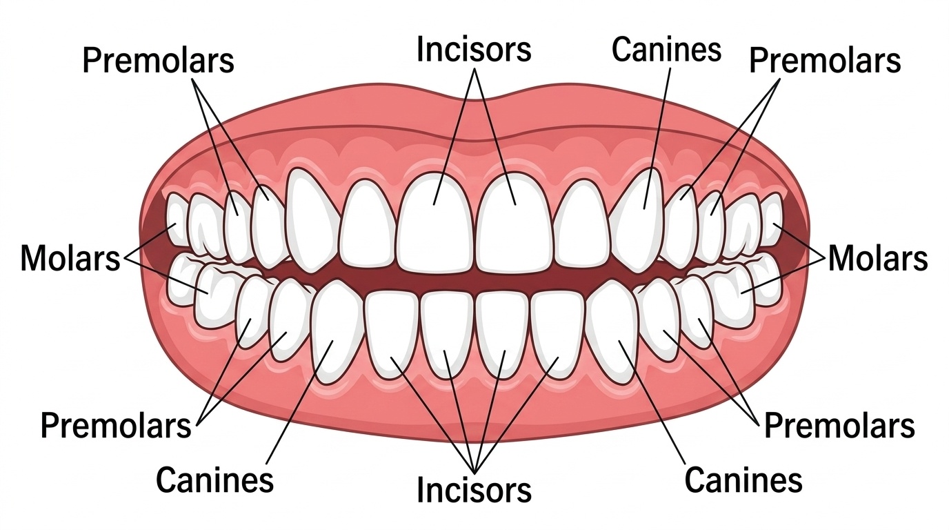 A diagram showing different types of teeth like incisors, canines, and molars in a simple layout.