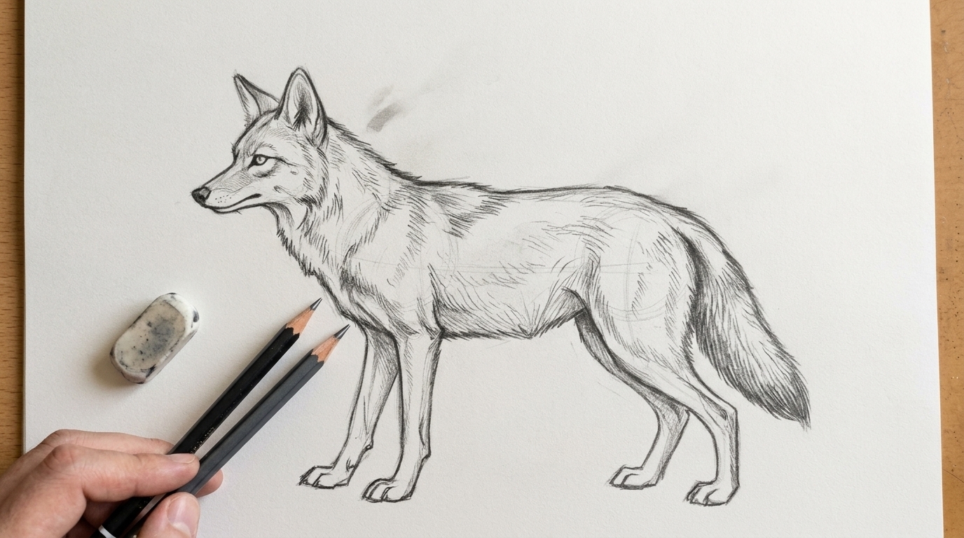 Coyote drawing showing legs, paws, and a naturally curved bushy tail.