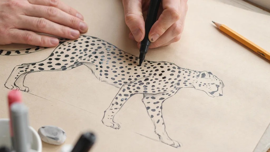 child adding irregular cheetah spots across body using pencil or marker, creating natural uneven pattern that makes the animal drawing look realistic and detailed.