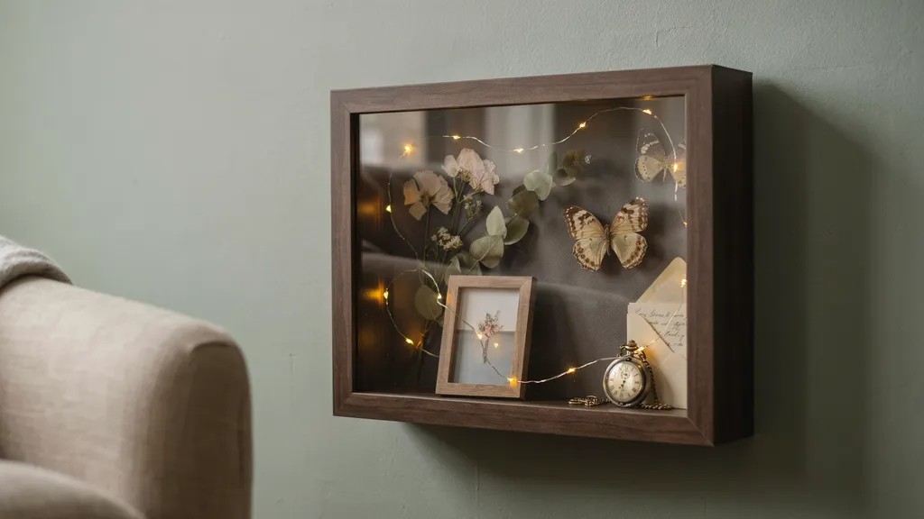 Lighted 3D shadow box with warm fairy lights.