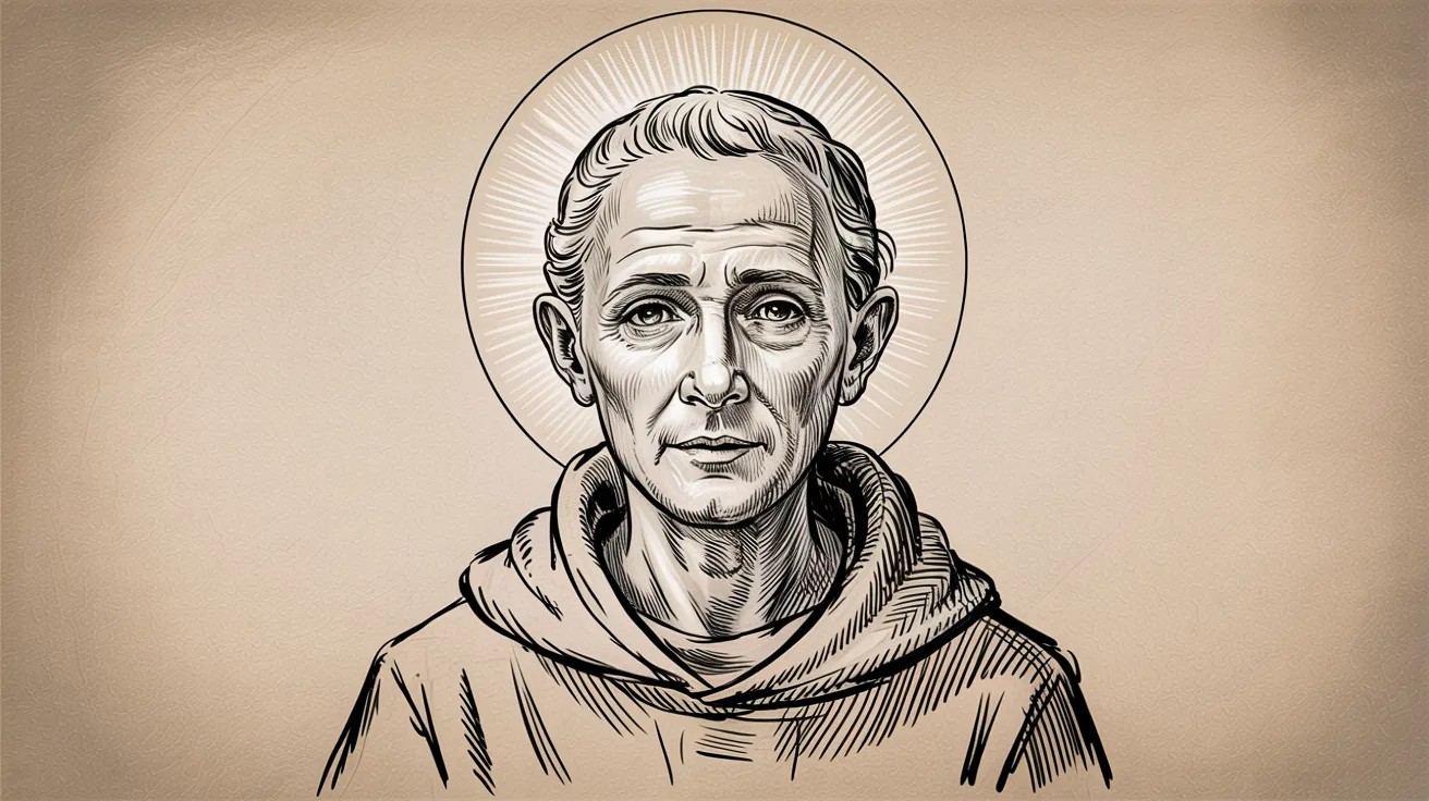 Renaissance-style pencil sketch portrait of a solemn robed man with halo, detailed facial features, and classical artistic shading.