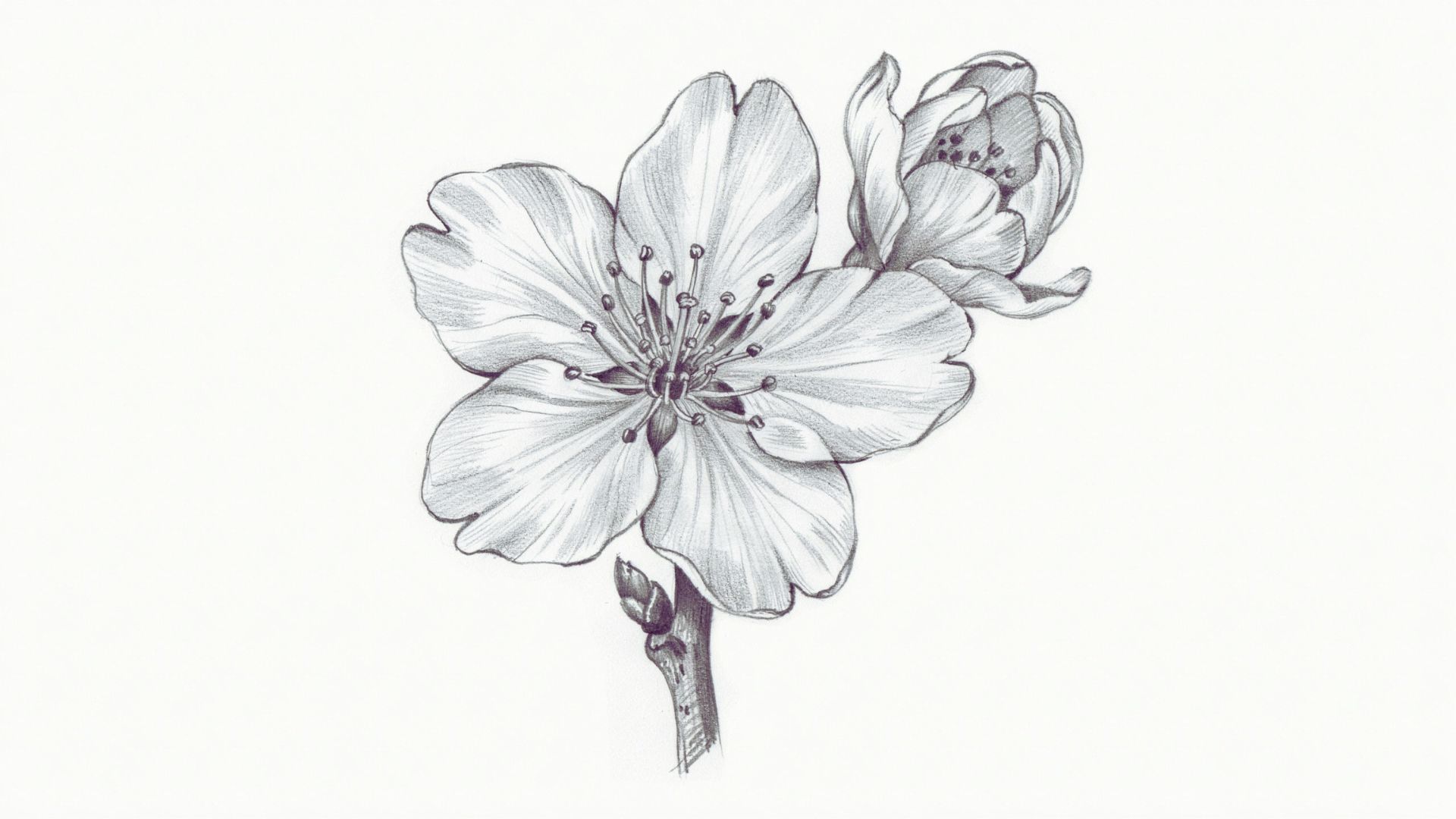 Cherry blossom drawing with petal texture and detailed stamens added.