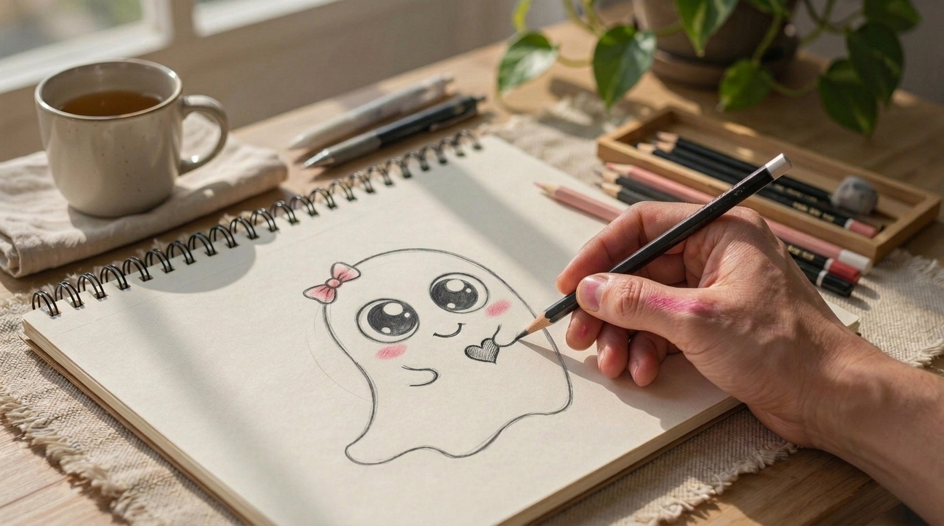 Cute ghost sketch with blush cheeks and small decorative details added