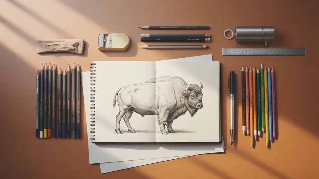Drawing supplies arranged on a desk beside a sketchbook with a bison sketch.