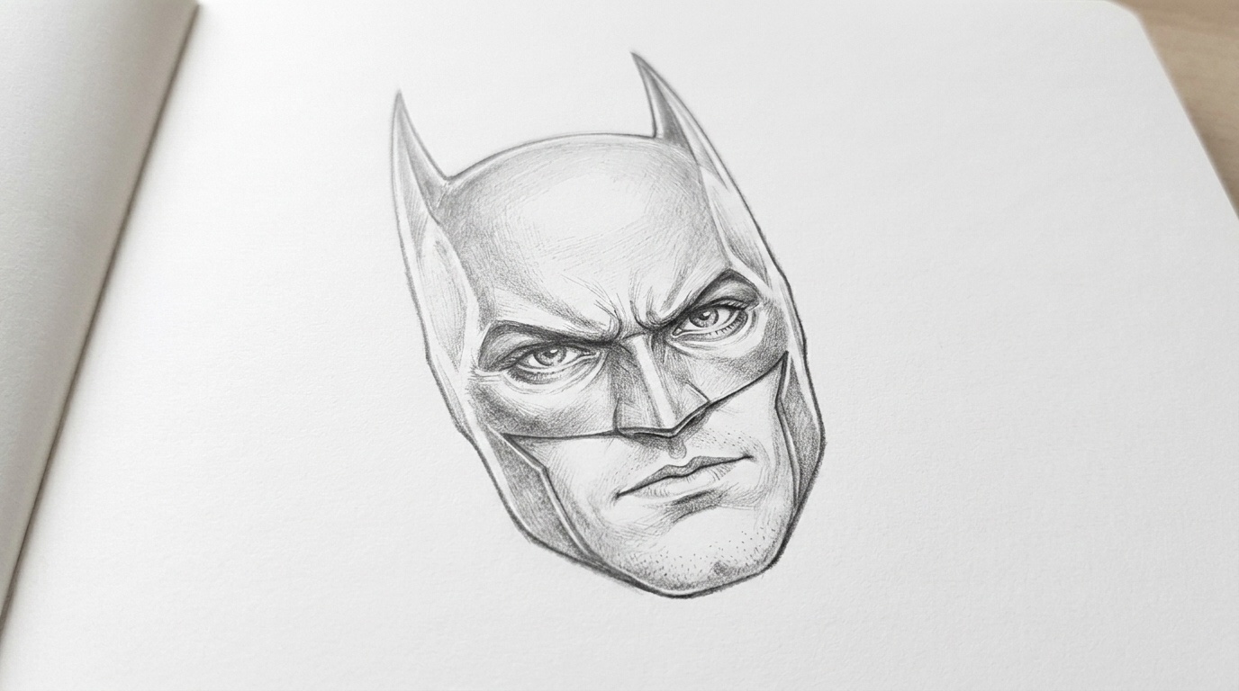Drawing Batman’s facial features and serious superhero expression.