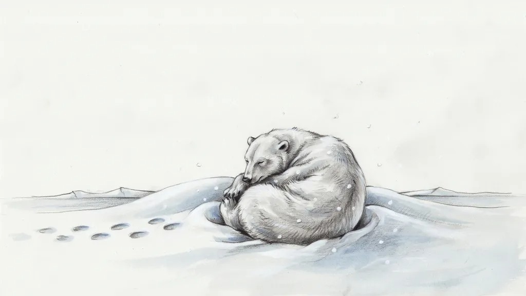 Sleeping polar bear drawn with graphite pencil.
