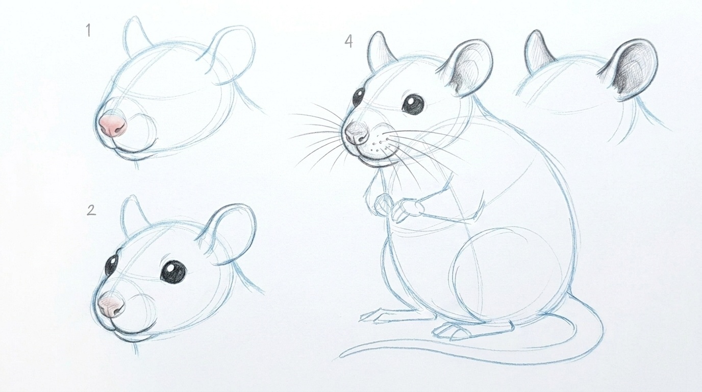 Adding the rat’s face features including eyes, ears, nose, and whiskers.