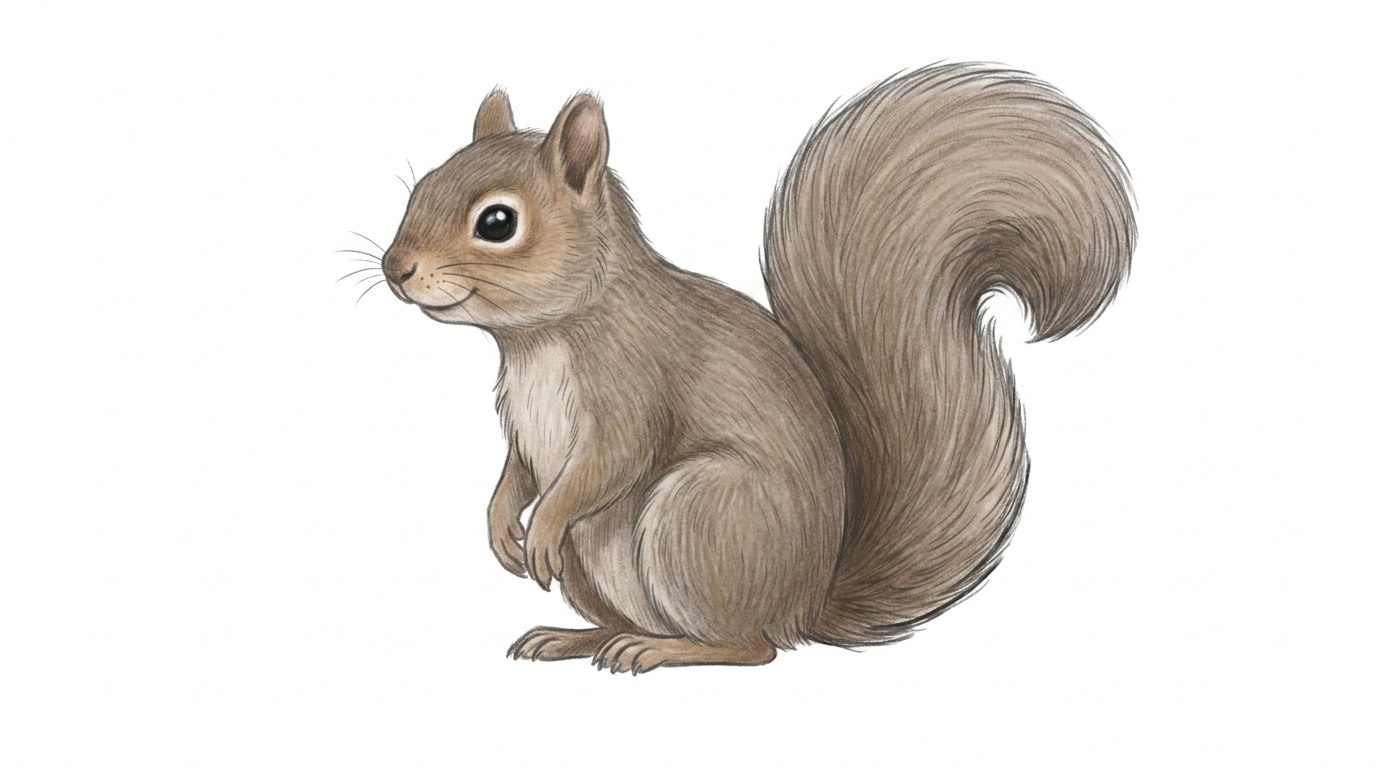 A completed colored squirrel drawing with a fluffy tail and soft shading.