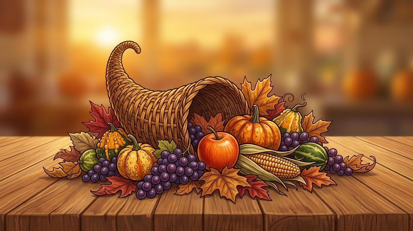 Thanksgiving cornucopia drawing overflowing with pumpkins, fruits, corn, and autumn leaves.