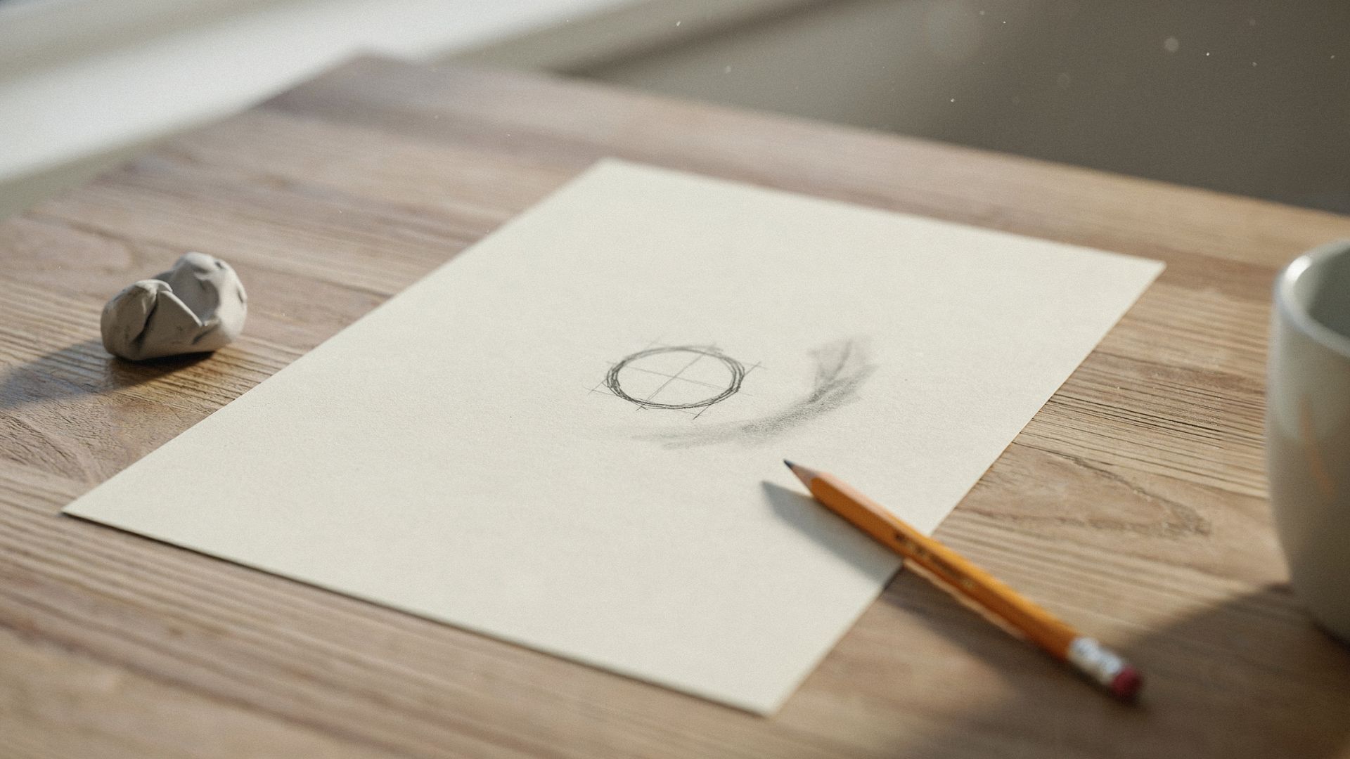 Small circle sketched on drawing paper as the center guide for a cherry blossom.