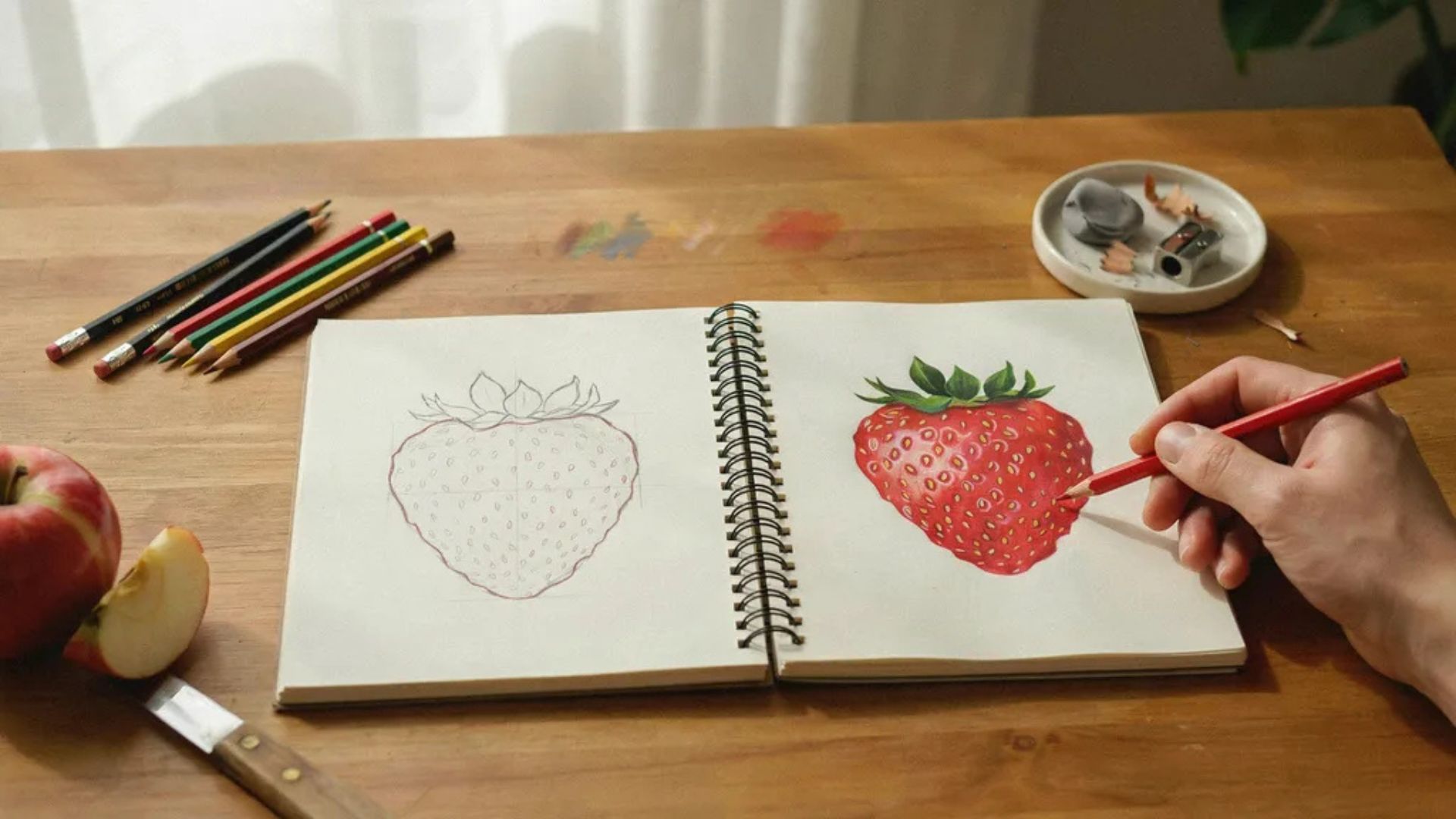 Beginner artist practicing strawberry drawing with a sketch and finished colored illustration.