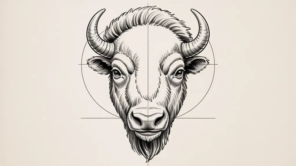 Close-up pencil sketch of a bison head showing facial details and horns.