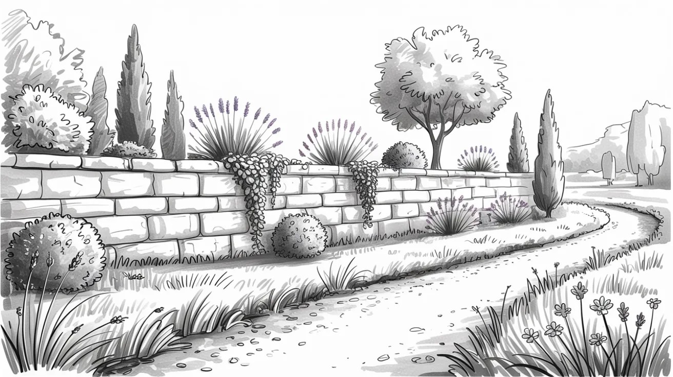 Renaissance-style garden path sketch featuring stone wall, trees, and perspective depth in classical composition.