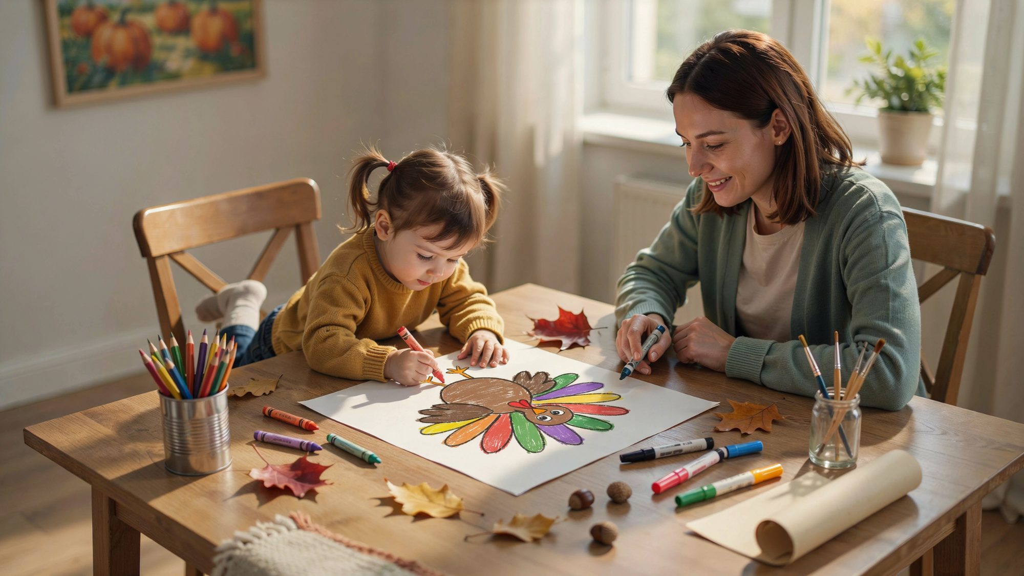 Child and adult drawing a cute turkey with art supplies.