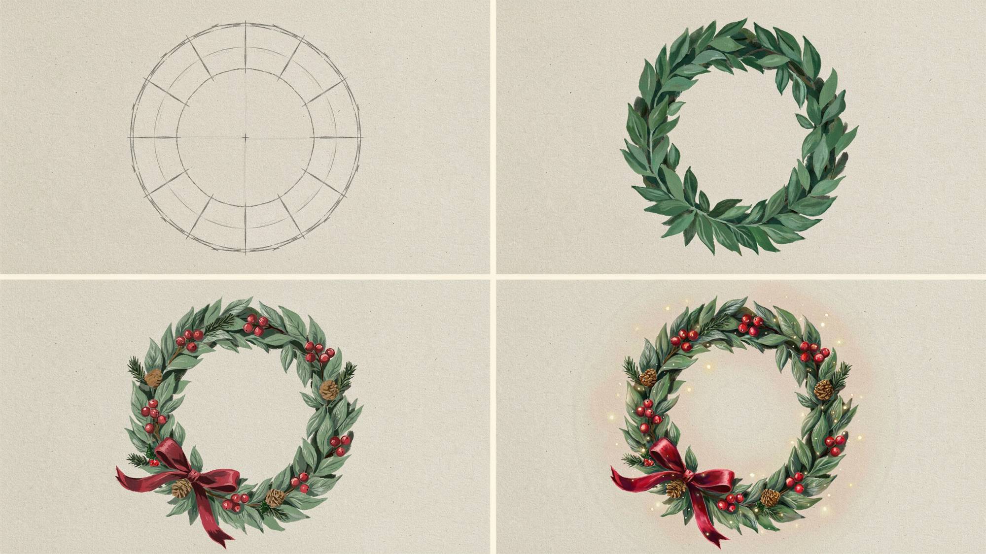 A four-step collage showing a Christmas wreath being built from a circle sketch into a fully decorated festive wreath.