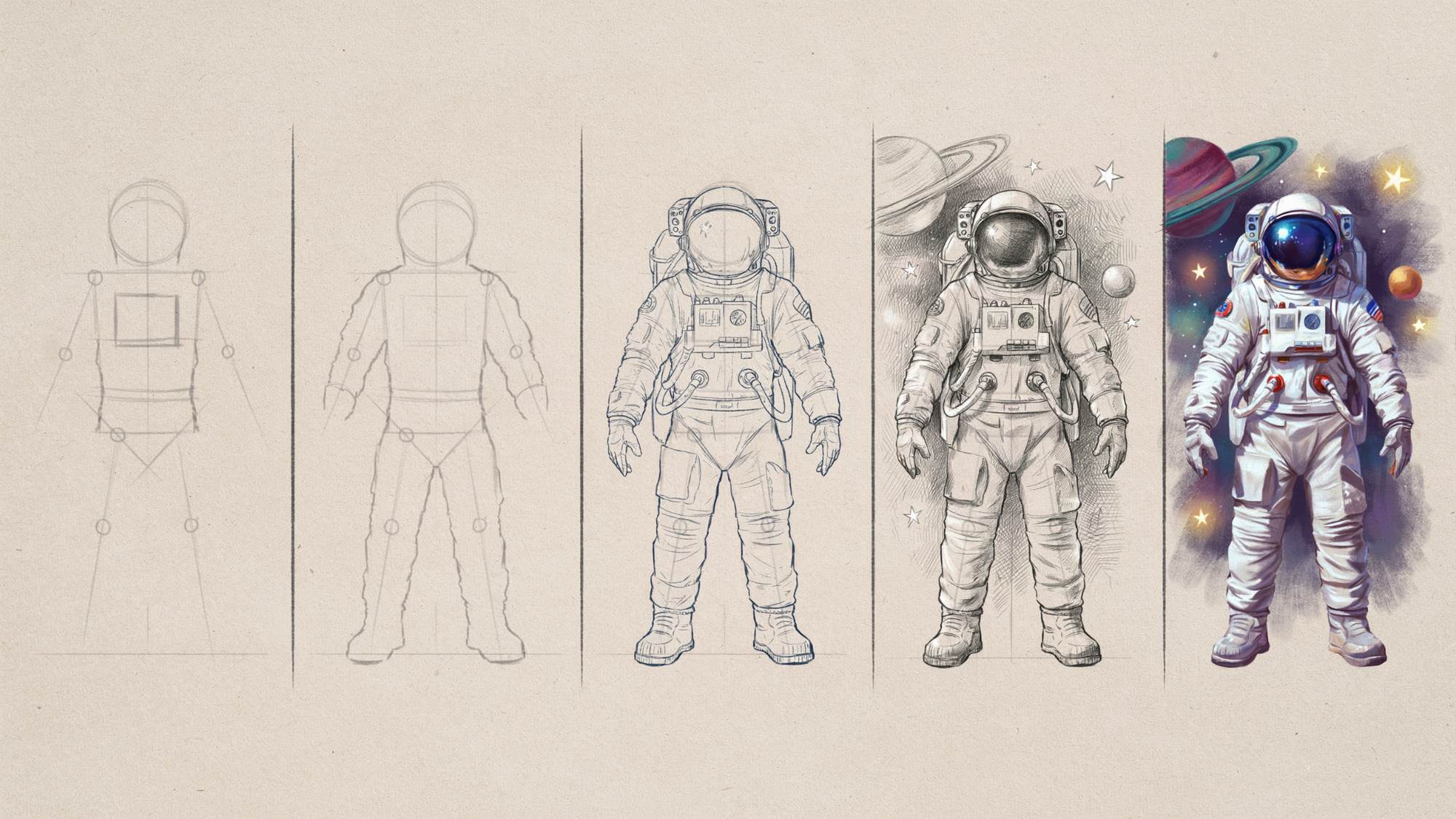 A five-panel step-by-step drawing tutorial showing an astronaut in space progressing from basic construction shapes to a fully detailed and colored astronaut surrounded by stars and planets.