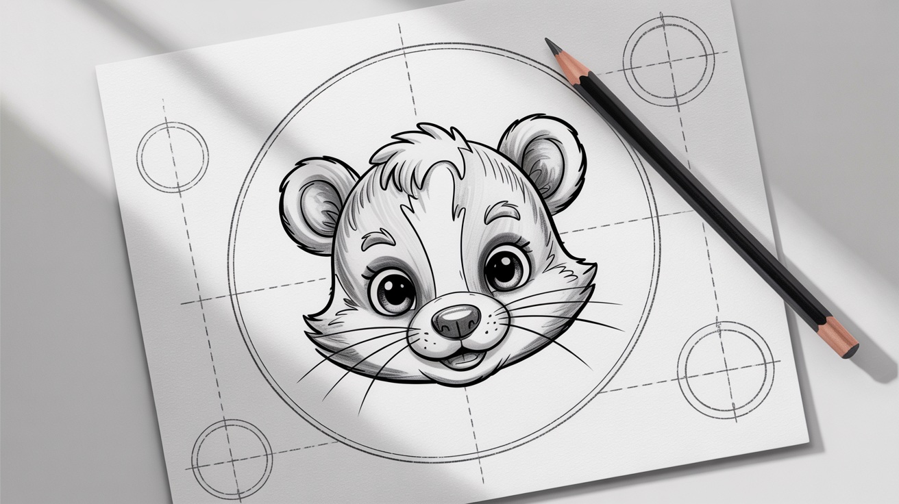 Cute skunk sketch showing detailed eyes, nose, and ears on a clean drawing page.