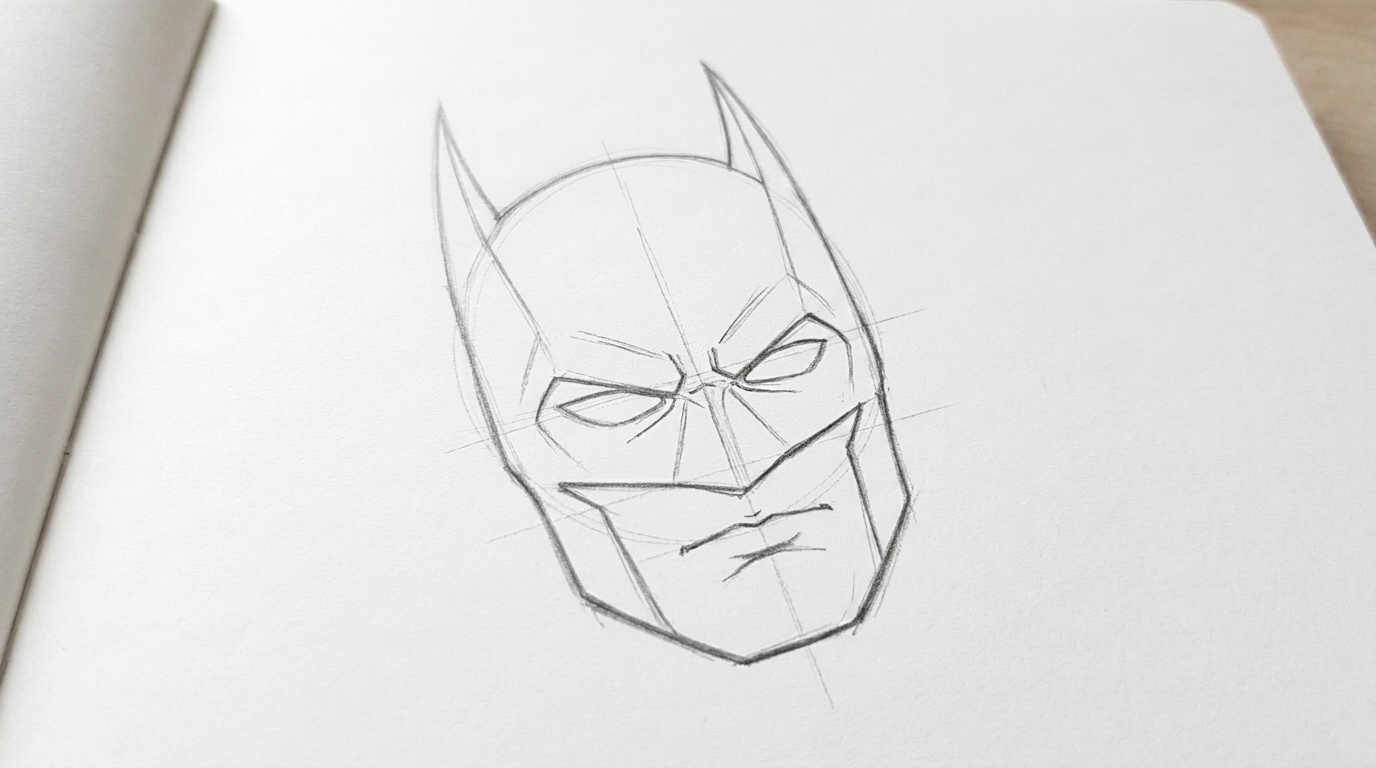 Adding Batman’s famous mask and pointed ears to the drawing.