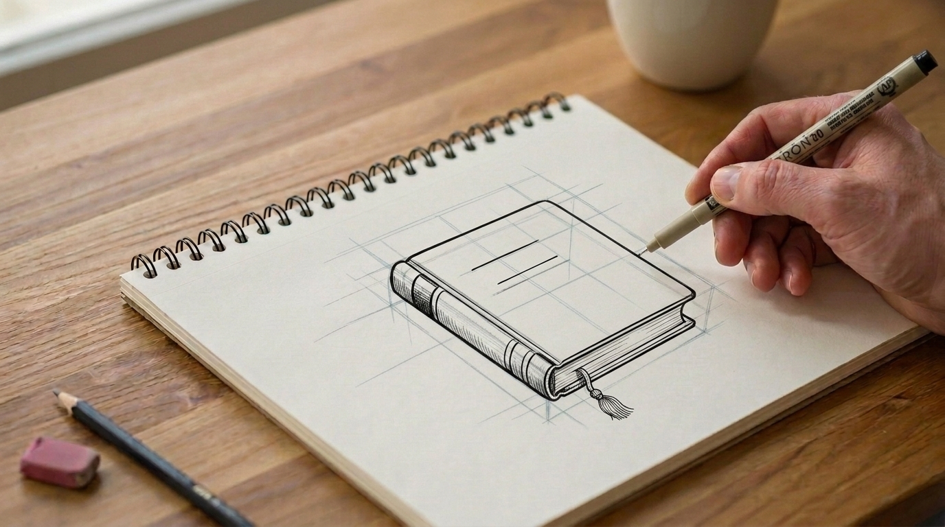 Book sketch being outlined with pen and refined with small decorative details