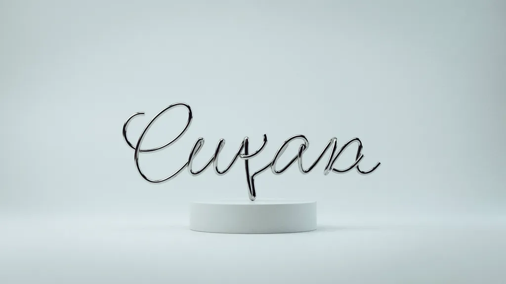 Wire sculpture spelling a word or name in rich cursive metal lettering