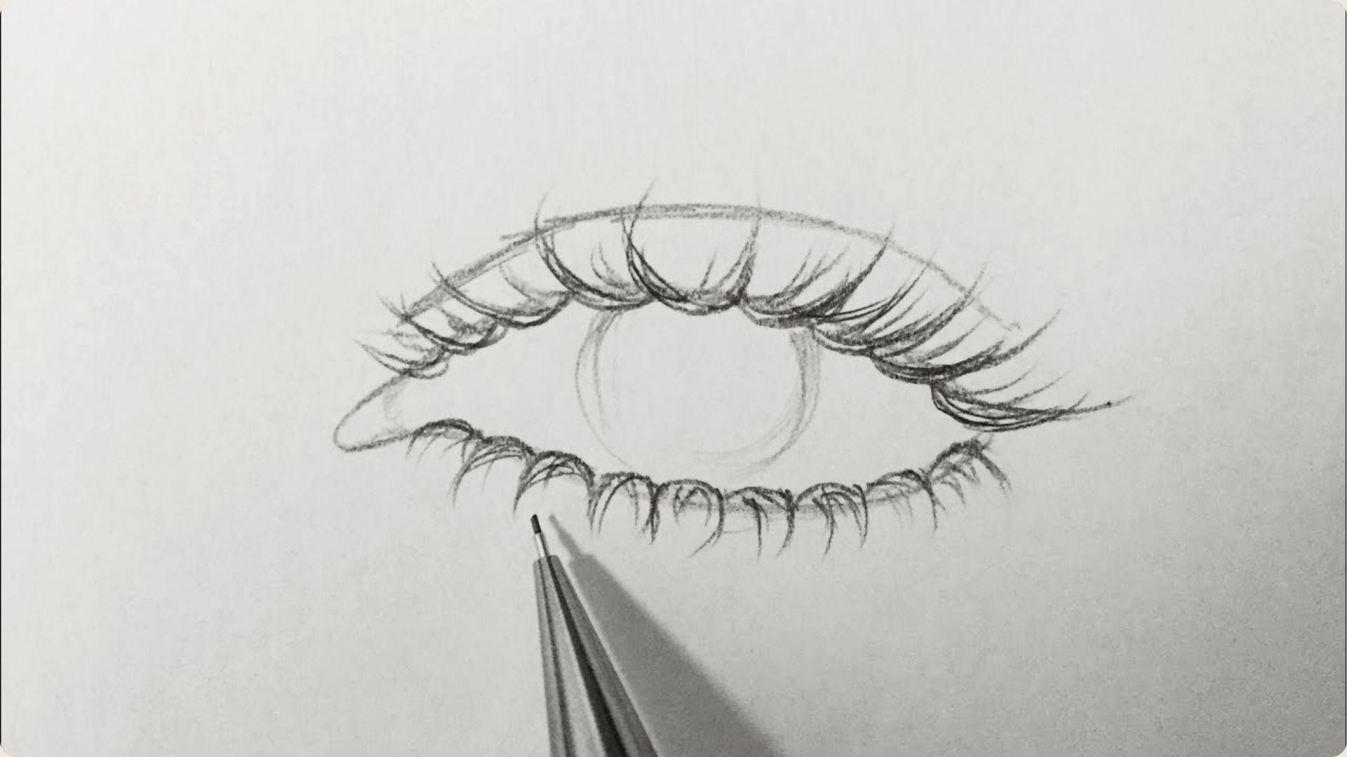 Minimal line drawing of an eye with sparse eyelashes and a separate row of practice lash strokes below.