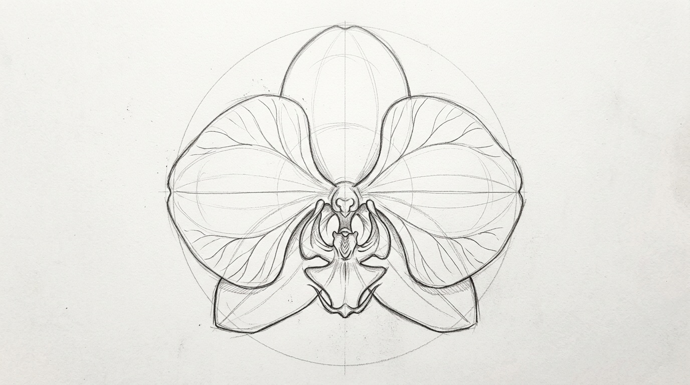 Orchid sketch showing the upper petal added above the flower center.