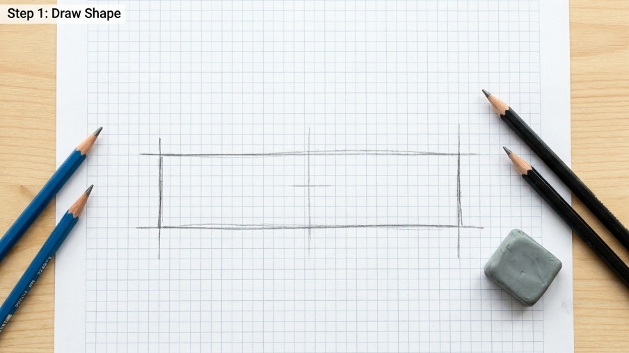 Basic banner shape being drawn with pencil lines on a sketchbook page.