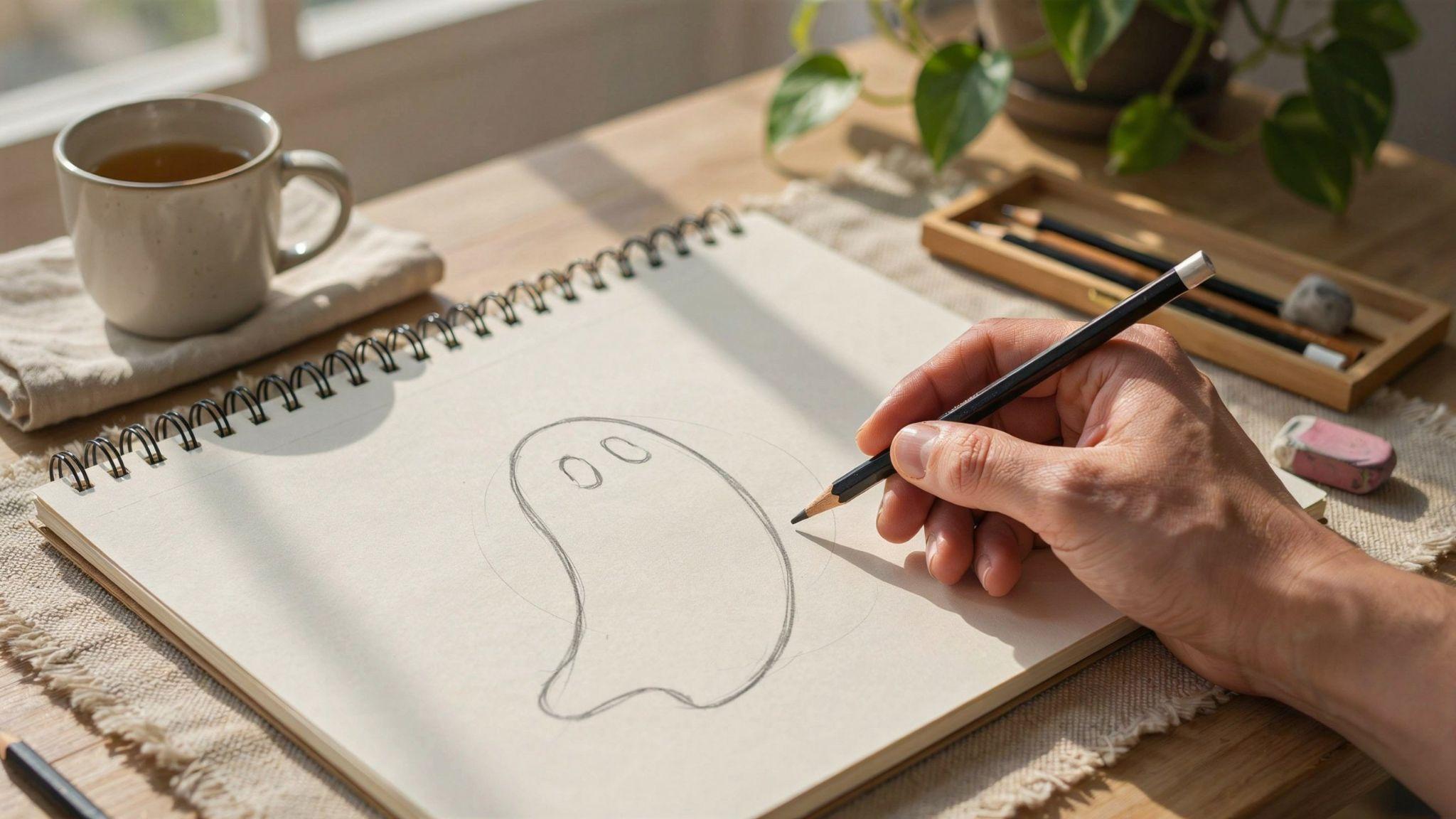 Hand sketching a simple rounded ghost shape as the base of a cute drawing
