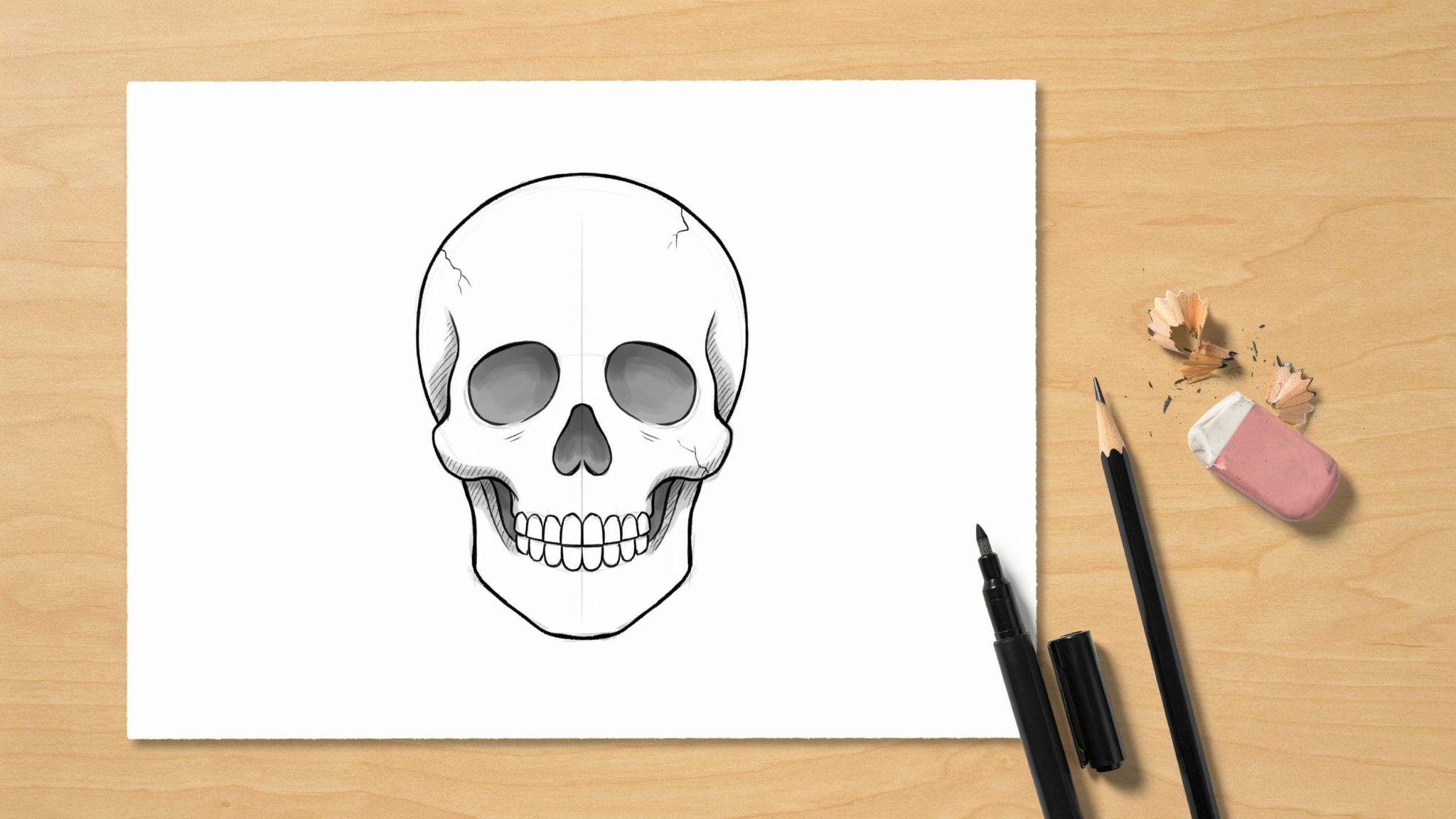 Final simple skull drawing with pen and pencil on white paper, showing teeth and eye sockets.