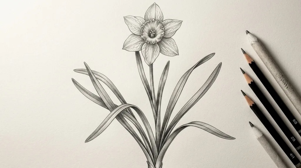 Daffodil flower drawing with texture and vein details.