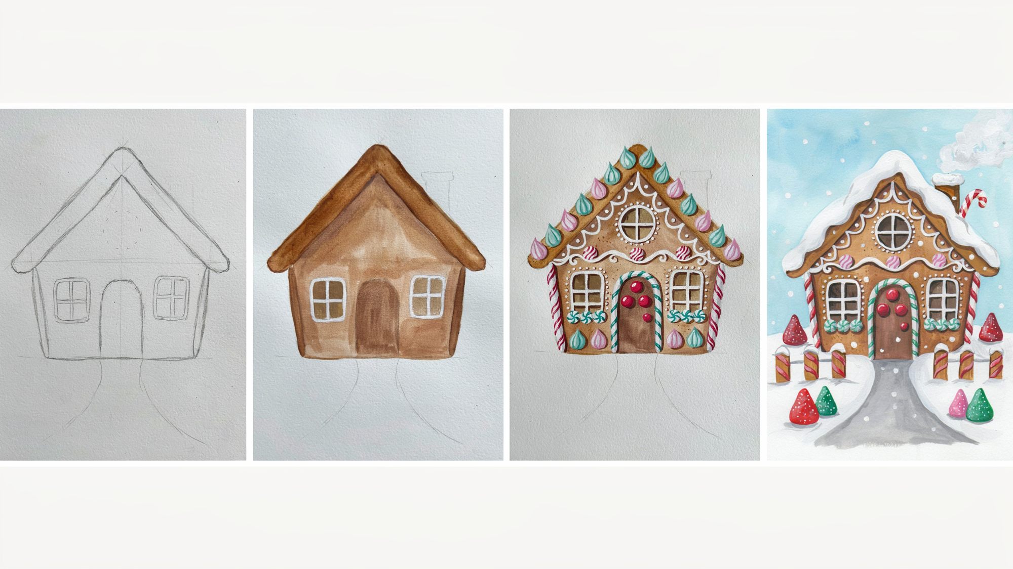 A four-step collage showing a gingerbread house being painted and decorated with candy and icing details.