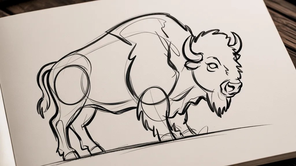 Pencil sketch showing a bison head and shoulder hump outlined on a page.