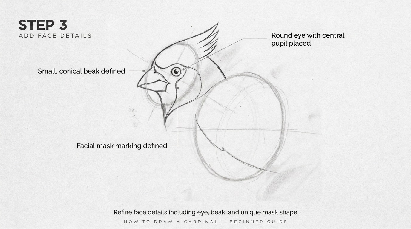 Step 3: Draw the Cardinal’s Beak and Face Details