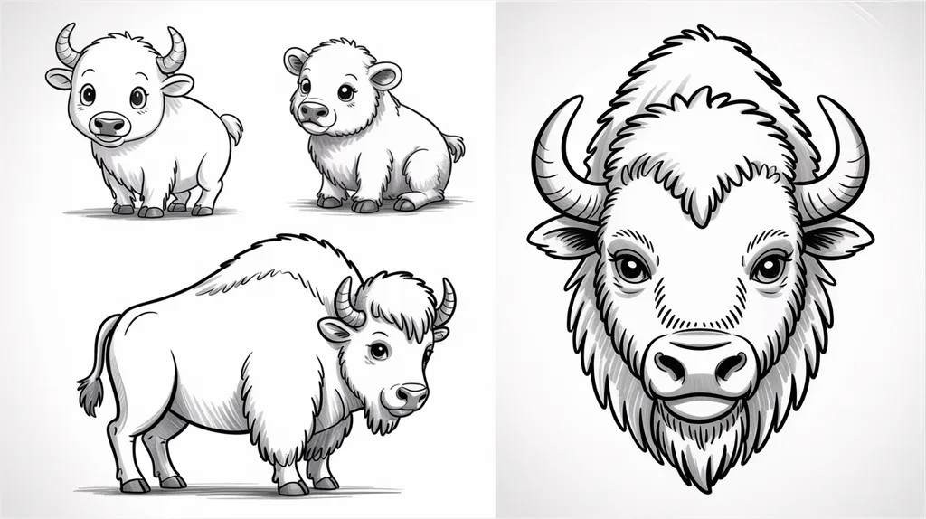 Four beginner-friendly bison sketch styles showing cartoon, baby, side-view, and detailed head drawings.