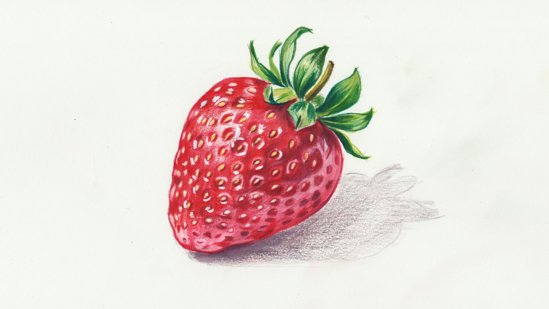 Bright red strawberry drawing with green leaves and realistic shading.