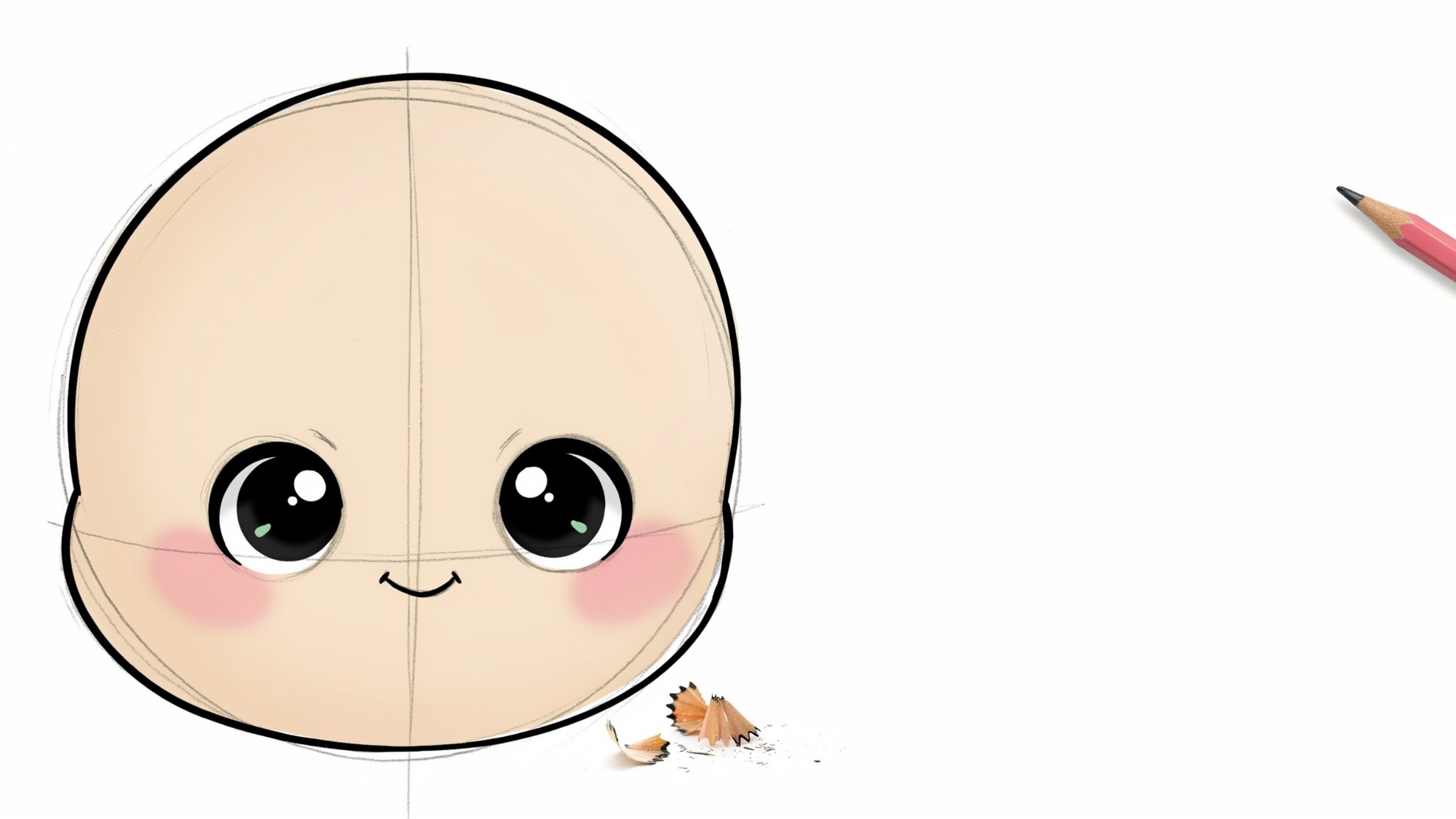 Visible construction lines remain, showing the transition from a rough draft to a more recognizable kawaii character.