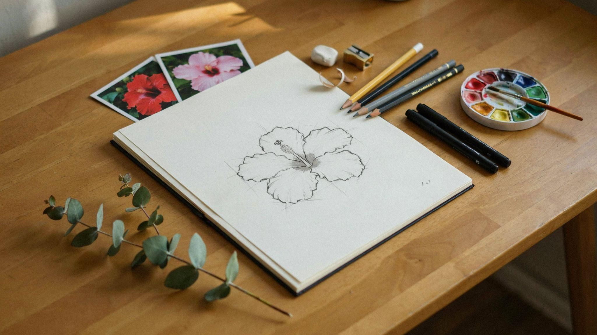 Hibiscus drawing tutorial setup with reference photos, sketch, pencils, and watercolor palette