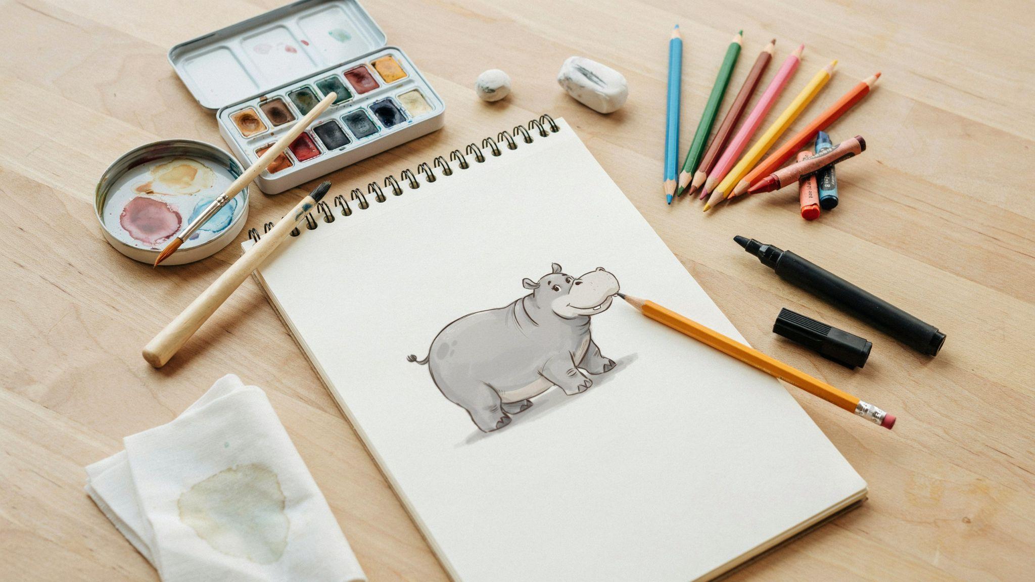 Organized drawing setup with hippo sketch and art supplies for beginner illustration process