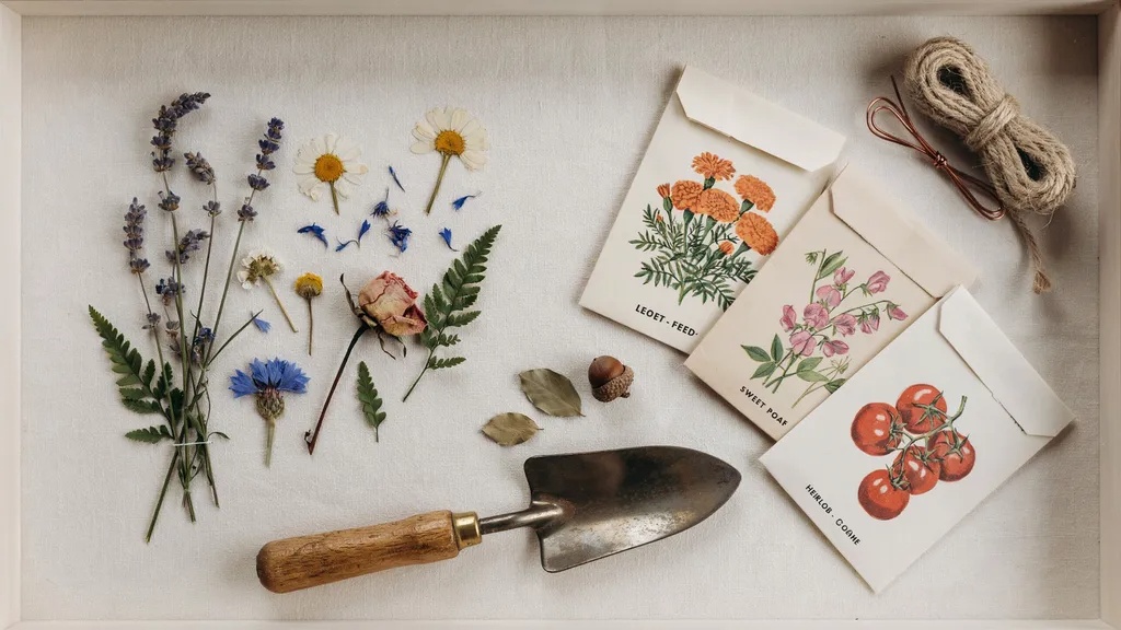Gardening memory shadow box with pressed flowers.