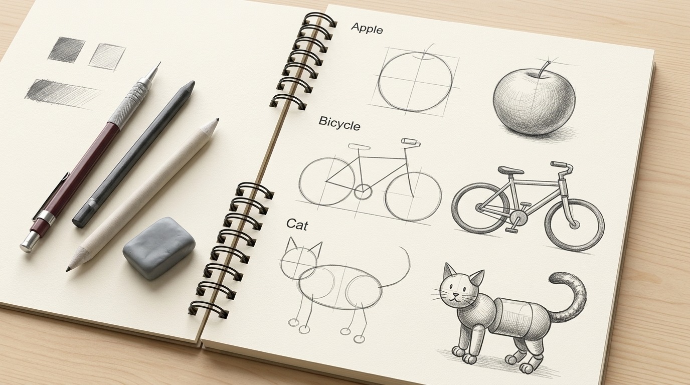 Objects broken into basic shapes for imaginative drawing practice.