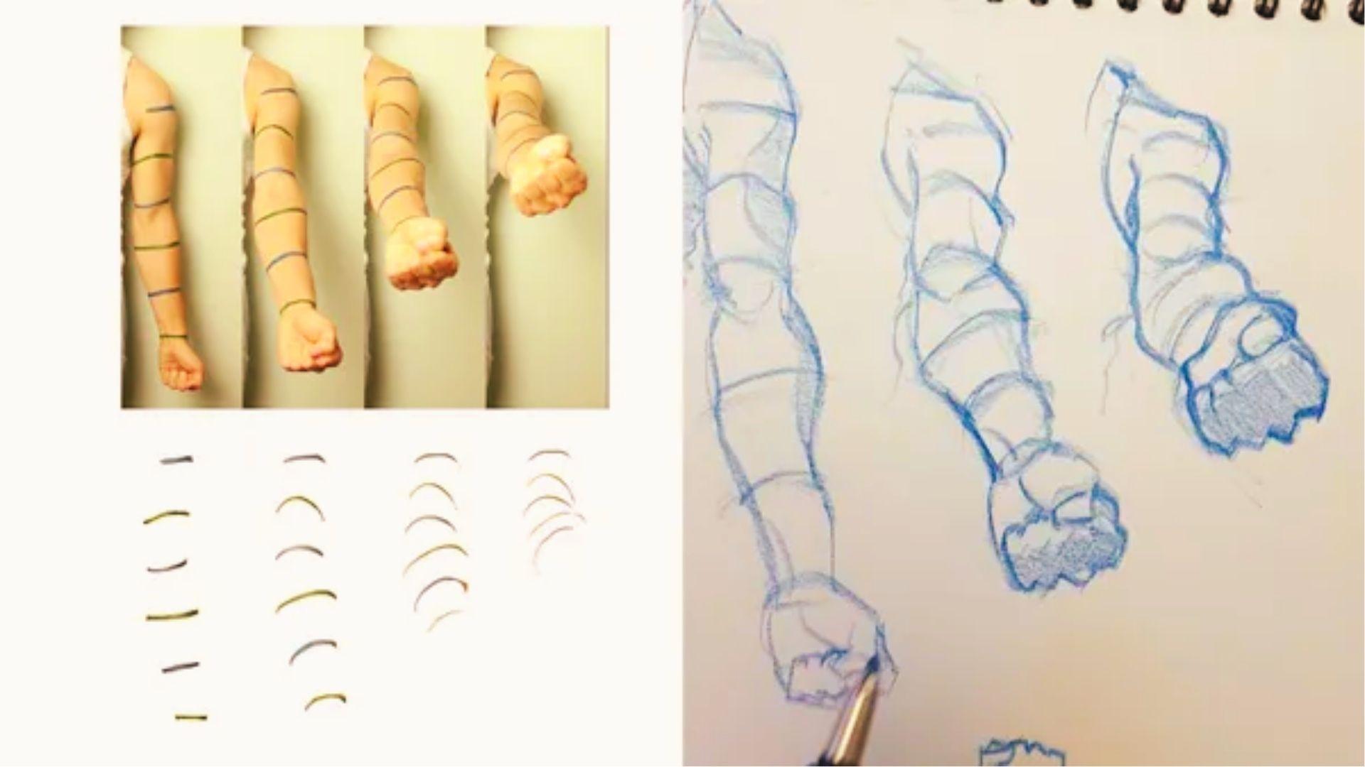 Figure sketch with foreshortened arm and cylinder guides showing depth on textured paper